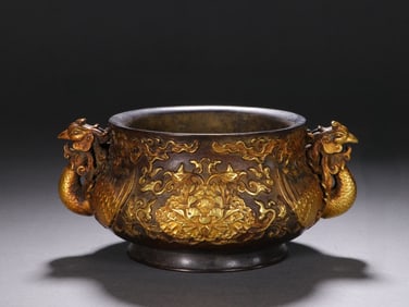 An Exquisite Gilt Bronze Flower Pattern Double-Ears Censer