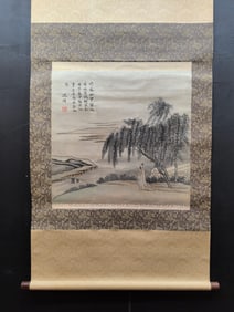 A Chinese Vertical Scroll Ink Painting of Landscape and Figure on Silk
