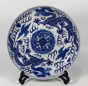 An Exquisite Blue and White Dragon Pattern Seawater Pattern Plate