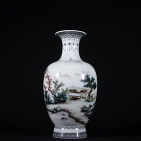 An Exquisite Famille-Rose Landscape Pattern with poem Vase