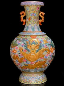 An Exquisite Iron-Red Painted Gold Lotus Pattern Dragon Pattern Seawater Pattern Double-Ears Vase