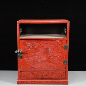 A Exquisite Carved Red Lacquer Flower and Fruit Pattern Landscape Pattern Box