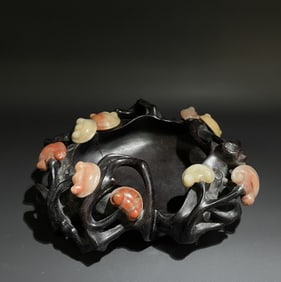 An Exquisite Zitanwood Inlaid Shoushan Stone Brush Washer