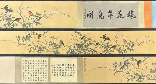 A Chinese Hand Scroll Ink Painting of Flower and Bird on Silk