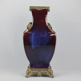 An Exquisite Flambe Glazed Inlaid Bronze Double-Ears Vase
