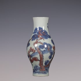 An Exquisite Blue and White Underglaze-Red Sika Deer Pattern Pine and Crane Pattern Vase