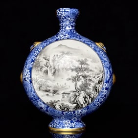 An Exquisite Ink Color Blue and White Painted Gold Flower Pattern Landscape Pattern Vase