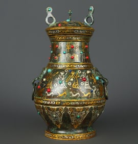 An Exquisite Bronze Inlaid Gold and Silver Inlaid Turquoise Figure Pattern With Inscription