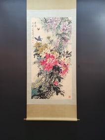 A Chinese Vertical Scroll Ink Painting of Flower and Butterfly on Paper
