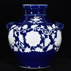 An Exquisite Ji Blue Glazed Lotus Pattern Double-Ears Jar