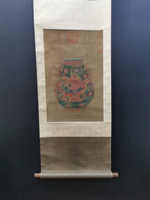 A Chinese Vertical Scroll Ink Painting of Famille-Rose Vase on Silk