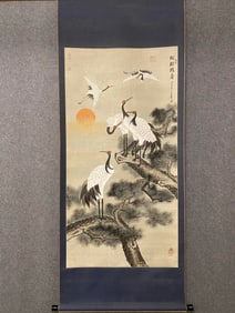 A Chinese Vertical Scroll Ink Painting of Pine and Crane on Paper