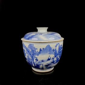 An Exquisite Blue and White Landscape and Figure Pattern with Cover Bowl