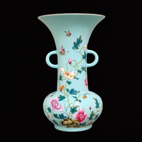 An Exquisite Famille-Rose Turquoise Glazed Flower Pattern Double-Ears Vase,with Poem