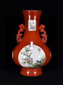 A Huge Ge yao Red Glazed Famille-Rose Flower and Bird Pattern Vase