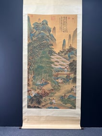 A Chinese Vertical Scroll Ink Painting of Landscape and Figure on Silk