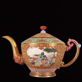 An Exquisite Enamel Gold Ground Character and Story Pattern Teapot