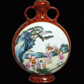 An Exquisite Famille-Rose Imitation Wood Grain Glazed Figure and Story Pattern Double-Ears Vase