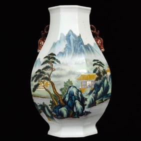 A Huge Famille-Rose Landscape Pattern Deer-Ears Vase,with Poem