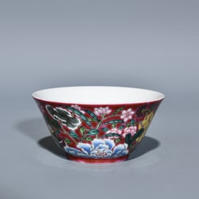 A Precious Ruby Red-Glazed Enamel Flower Pattern Cup