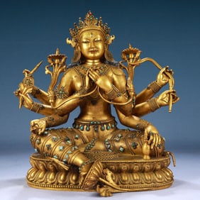 A Solemn Gilt Bronze Statue of Gautama’s Mother,Inlaid Turquoise