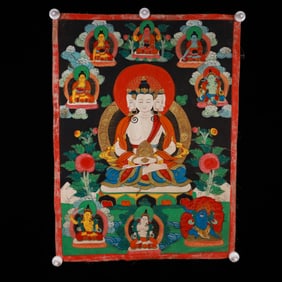 A Rare Brocade Painted Color Statue of Amitayus Tangka