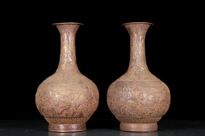 A Pair of Exquisite Gilt Silver Character and Story Pattern Vases