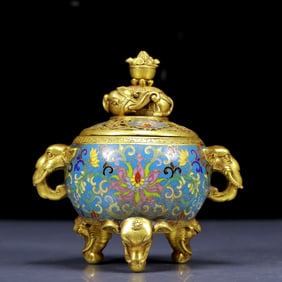 An Exquisite Cloisonne Lotus Pattern Elephant-Ears and Tripod Censer