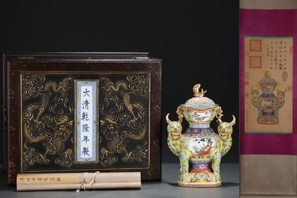 An Exquisite Famille-Rose Gilt Flower and Bird Pattern Buffalo Vase,with Vertical Scroll Painting on