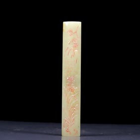 An Exquisite Greenish Jade  Flower Pattern Paper Weight, with poem