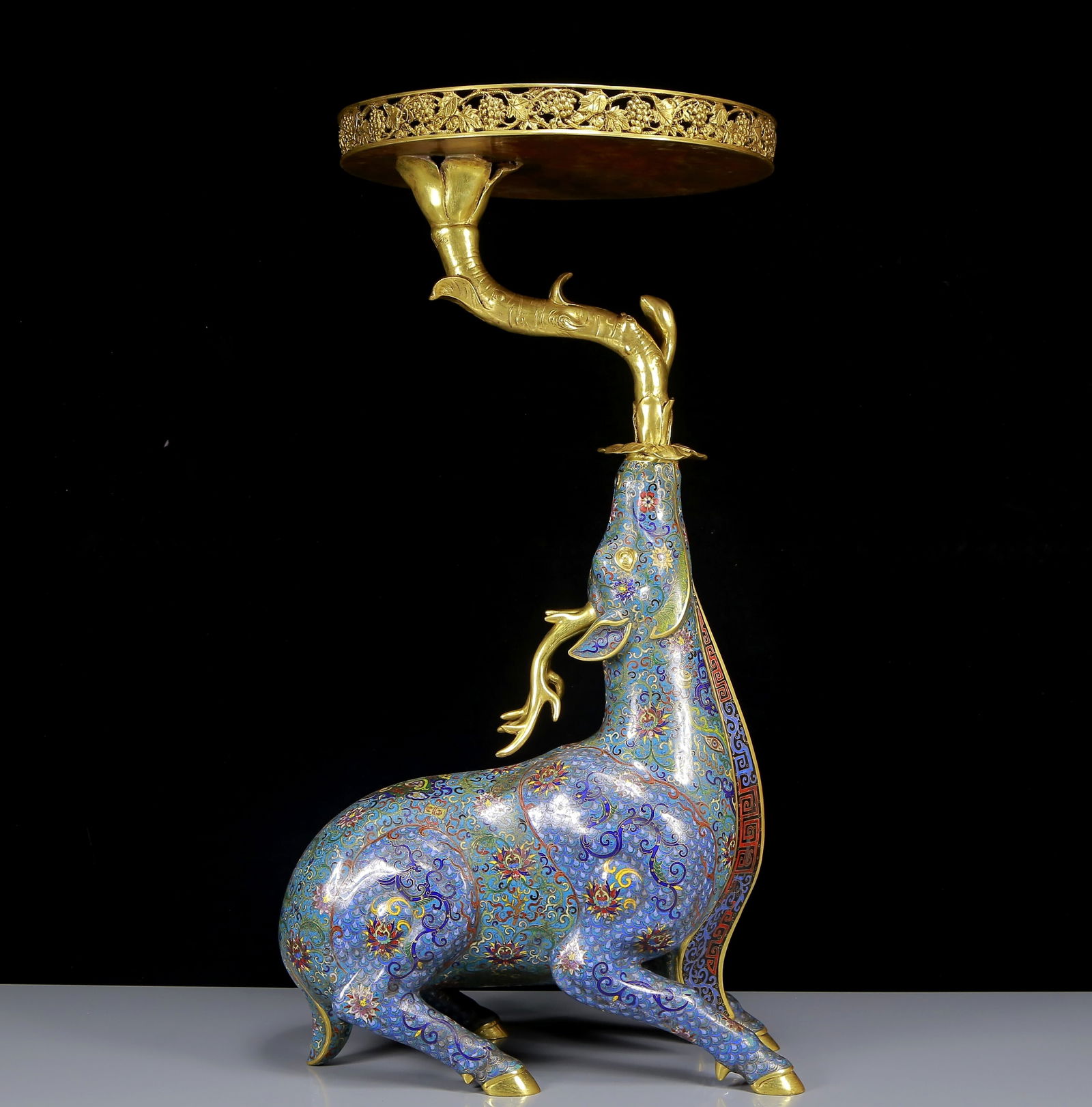 A Huge Cloisonne Sika Deer Candlestick: A Huge Cloisonne Sika Deer Candlestick,Qing Dynasty, China,Qianlong Four-character Mark,Size:19.7inx7.9inx34.4in 景泰蓝梅花鹿烛台，清代