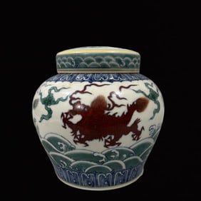 An Exquisite Blue and White Famille-Rose Kylin Pattern Jar