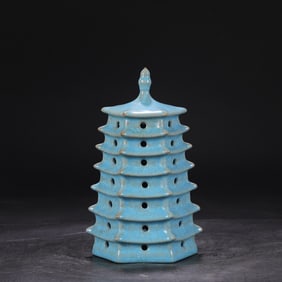 An Exquisite Ru yao Sky Blue Glazed Pagoda,with an Imperial Poem by Emperor Qianlong