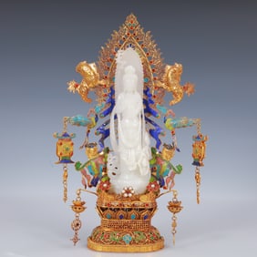 An Exquisite Filigree and Gilding Inlaid White Jade Statue of Avalokitesvara,Inlaid Gems