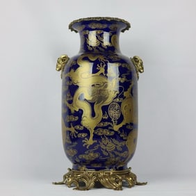 A Huge Ji Blue Glazed Painted Gold Dragon Pattern Inlaid Bronze Sheep-Ears Vase