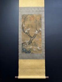 A Chinese Vertical Scroll Ink Painting of Flower and Bird on Silk