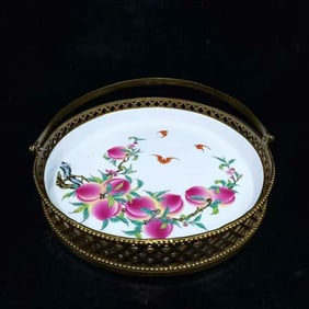 An Exquisite Famille-Rose Bats and Peach Pattern Inlaid Bronze Plate