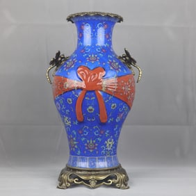 A Huge Famille-Rose Lotus Pattern Inlaid Bronze Double-Ears Vase