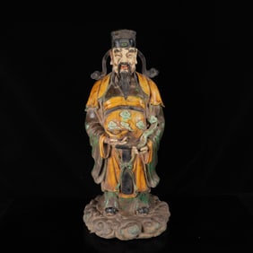 An Exquisite Tang Tri-Color Glazed Pottery Statue of Mammon Ornament