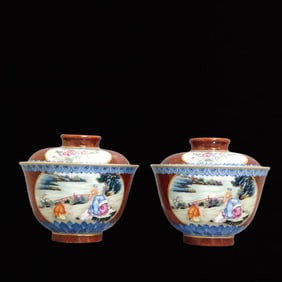 A Pair of Exquisite Famille-Rose Imitation Wood Grain Glazed Figure and Story Pattern Cups