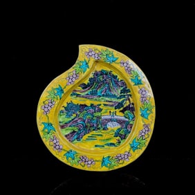 An Exquisite Famille-Rose Yellow Glazed Landscape Pattern Brush Washer