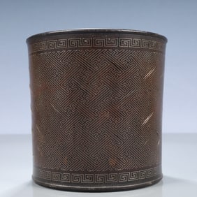 An Exquisite Zitanwood Inlaid Silver Wire Brush Pot