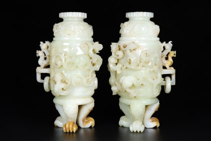 A Pair of Exquisite White Jade Dragon Pattern Tripod Cups