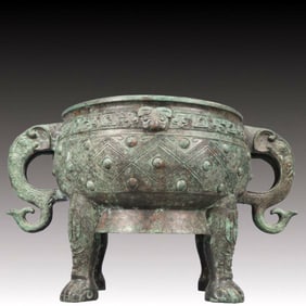 A Rare Bronze Chi-Dragon Pattern Elephant-Ears Censer,With Inscription