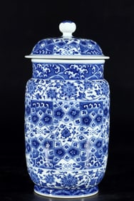 A Rare Blue and White Lotus Pattern Jar with Cover