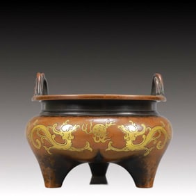An Exquisite Gilt Bronze Dragon Pattern Double-Ears and Tripod Censer