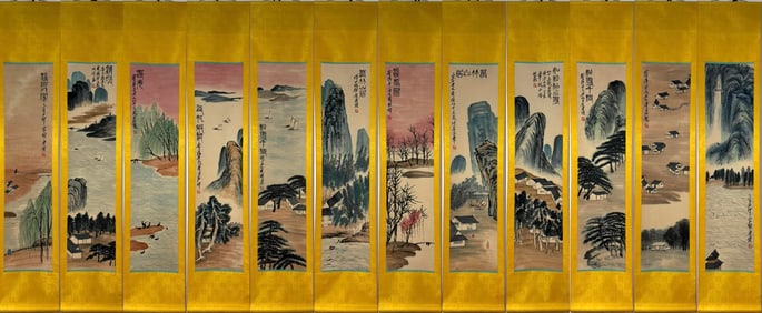 A Set of Chinese Vertical Scroll Ink Painting of Landscape on Paper