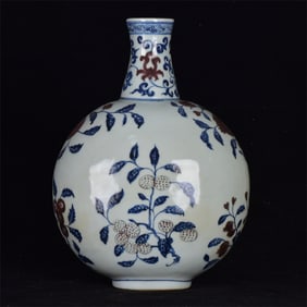 An Exquisite Blue and White Underglaze-Red Flower and Fruit Pattern Vase