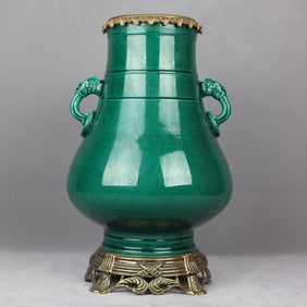 An Exquisite Green Glazed Inlaid Bronze Double-Ears Vase