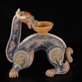 An Exquisite Tang Tri-Color Glazed Pottery Auspicious Beast Ornament